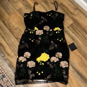 Rue Black Floral Embroidered Sequin Bodycon Mini Dress